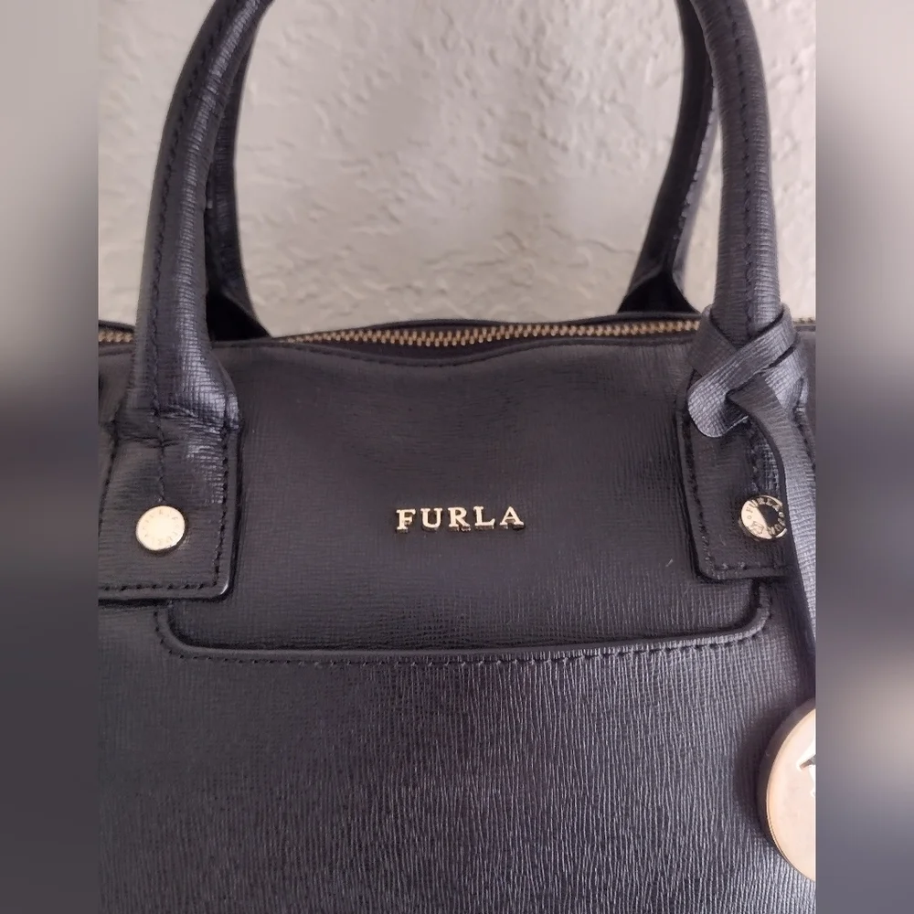 Furla Linda Medium Leather Black And Gold Satchel Bag